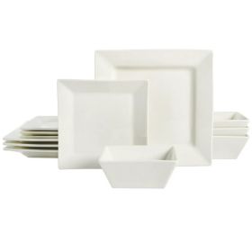 Hard Square 12-Piece Fine Ceramic Dinnerware Set in White